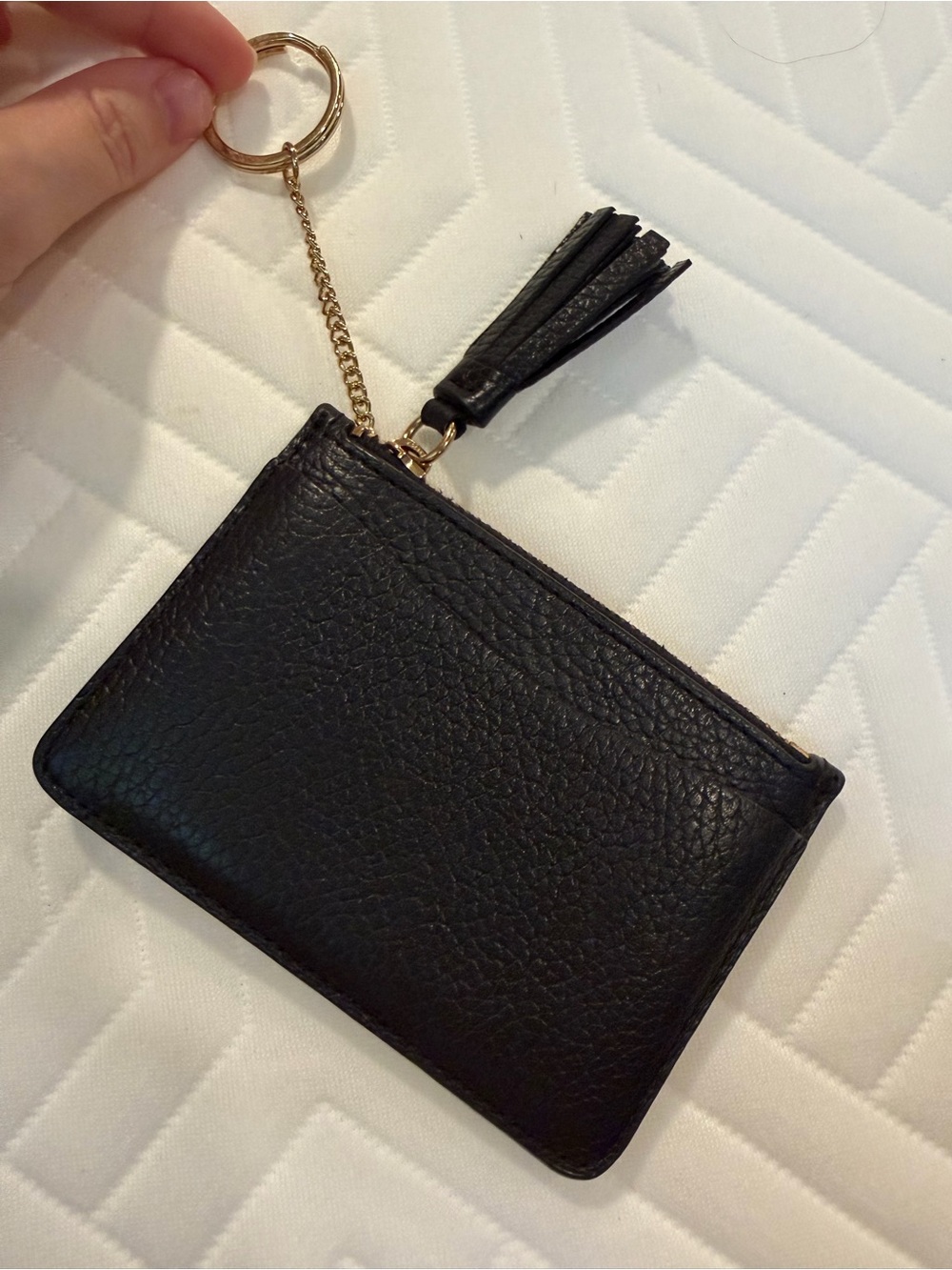 Cuyana Black Pebbled Leather Zip Card Case Key Ring Tassel VGUC